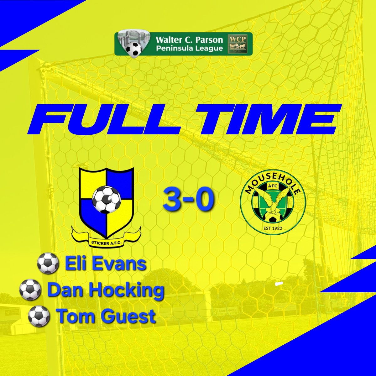 StickerAFC's tweet photo. Goals from Eli Evans , Dan Hocking and Tom Guest gives us the 3 points at home to Mousehole 
Good luck to @MouseholeAFC for the season 
@swpleague @swsportsnews @KJMsport57 
#upthesticky https://t.co/MoO6sAbMXF