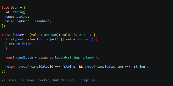 nyaomaru_dev's tweet photo. Yesterday: a type predicate is a promise, not proof.

Here’s where that becomes dangerous 👀

Add a new field to `User`, forget to update `isUser`

and TypeScript can still compile.

The type changed.
The runtime guard didn’t.

#TypeScript #JavaScript https://t.co/VyC4ET30aj