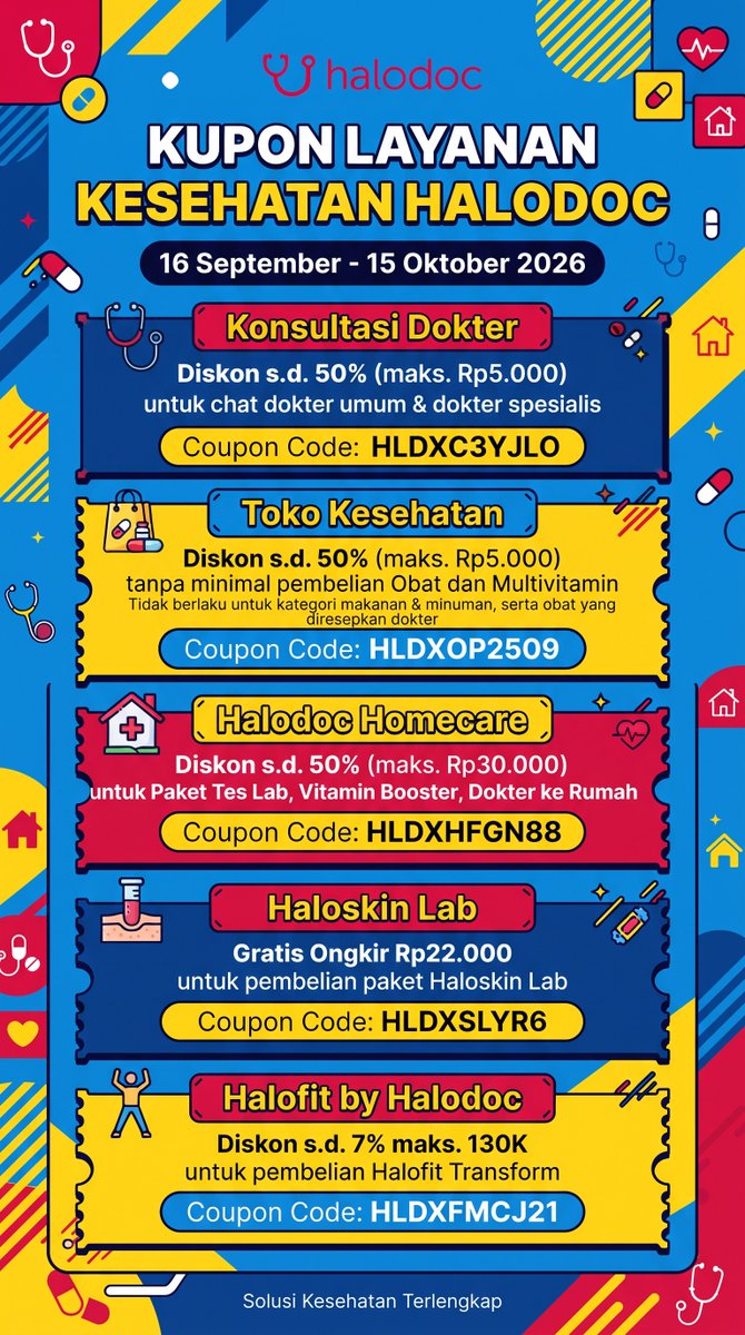 nurmd_'s tweet photo. Layanan kesehatan jadi mudah lewat Halodoc, bisa dari rumah &amp; diskon pake kode kupon berikut: 
💬Konsul Dokter: HLDXC3YJLO
💊Toko Kesehatan Beli obat/Vitamin: HLDXOP2509
🏠Homecare: HLDXHFGN88 
✨Haloskin Lab: HLDXSLYR6
🥗Halofit Diet: HLDXFMCJ21

#zonauang #zonajajan #Promox https://t.co/QXdXdJxmsi