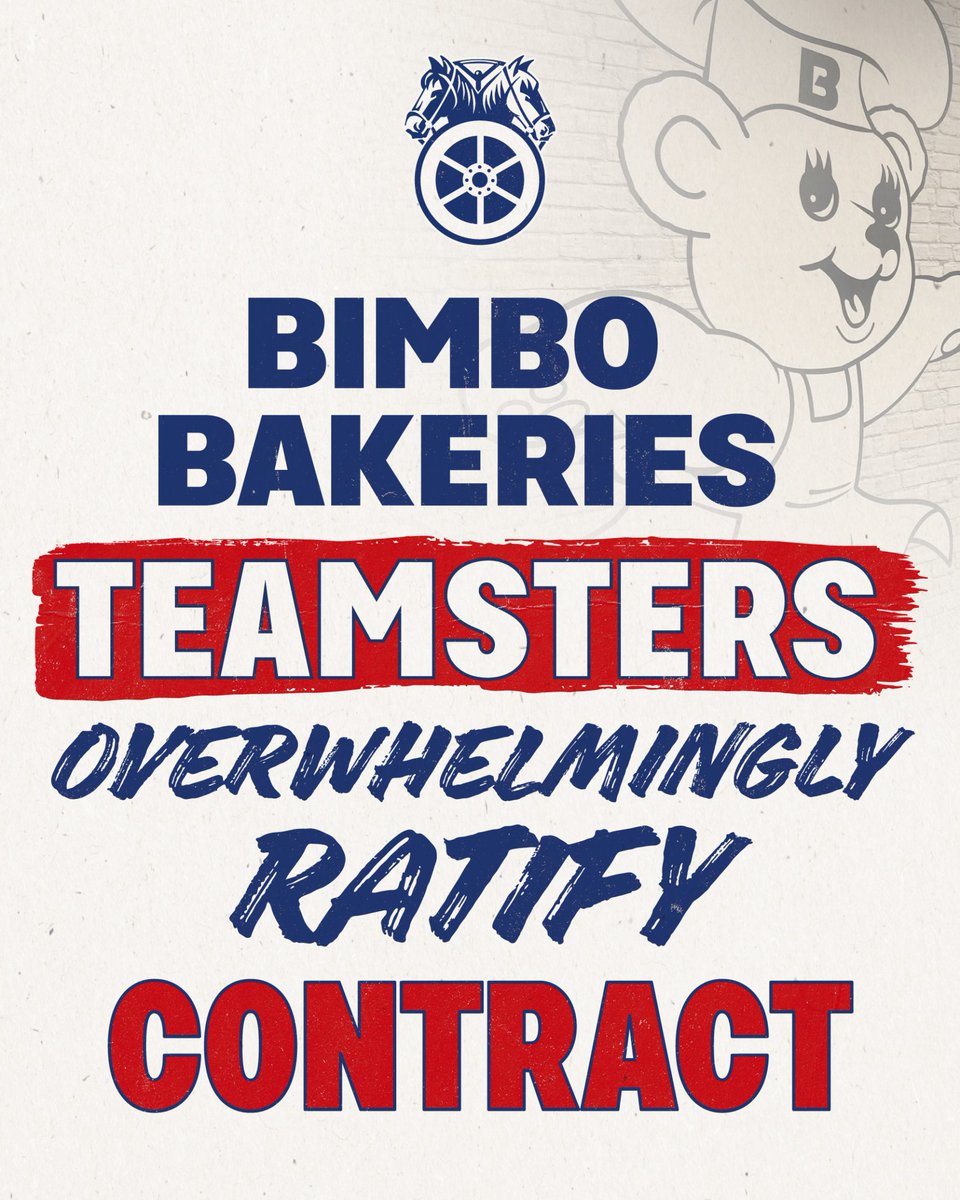 Teamsters's tweet photo. Members of Teamsters Local 170 and Local 633 at Bimbo Bakeries have ratified a new agreement by an overwhelming 90 percent. Earlier this month, the sales and warehouse workers authorized a strike after the company refused to offer area standards or real wage adjustments.

The new six-year Teamsters agreement includes pension improvements, wage increases, and reduced health care costs. The contract also offers strong job security protections.

“We were tired of management taking for granted the work we do that makes Bimbo so successful,” said Jason Morin, a shop steward at Bimbo Bakeries and member of Local 633. “We were ready to strike if needed and are proud that we have a secured a powerful new deal.”