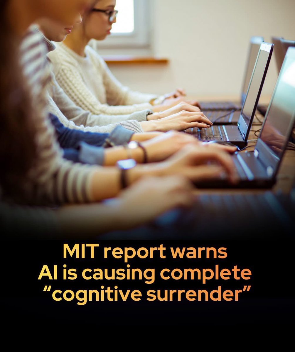 SmartScience's tweet photo. A new MIT report finds AI is causing mass 'cognitive surrender’:

A landmark study from an MIT committee reveals that pervasive artificial intelligence usage is fundamentally eroding active learning. The report warns that students are falling into 'cognitive surrender,' reaching for chatbots at the first sign of difficulty and bypassing the 'productive struggle' crucial for developing critical thinking. 

This over reliance has led to an 'illusion of learning' where homework scores rise but actual memory retention and test performances plummet.

 Furthermore, the report details an isolating shift in campus culture: traditional study groups are vanishing and office hours sit empty as students choose automated chatbot replies over human collaboration.

Despite these alarming findings, a deep divide has emerged between cautious faculty and optimistic university leaders who continue to aggressively champion AI integration. While some administrators argue that embracing the technology is necessary to keep institutions relevant, others are recognizing that current evaluation methods are broken.

To combat this, schools like MIT are avoiding unreliable AI detectors and instead rebuilding curricula around human-centric assessments — such as oral exams, semester portfolios, and mandatory group work — designed to rescue education by reclaiming the struggle of thinking.

source: Blinder, A. (2026). Universities Sound Warnings About A.I. Even as They Embrace It. The New York Times.