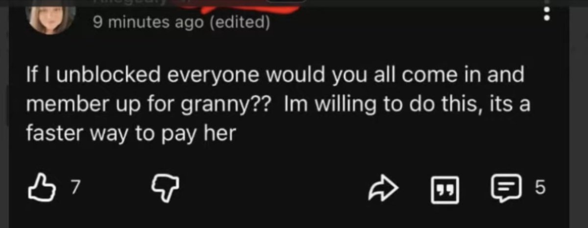 pubsubfan1's tweet photo. This "low IQ" moron. UNBELIEVABLE.

Now she’s offering to unblock everyone if they’ll come back and pay to become members so she can pay Granny faster?! 

You cannot make this shit up.

And of course, she’s since deleted it. 🫠 I hope the judge sanctions the absolute hell out of her.