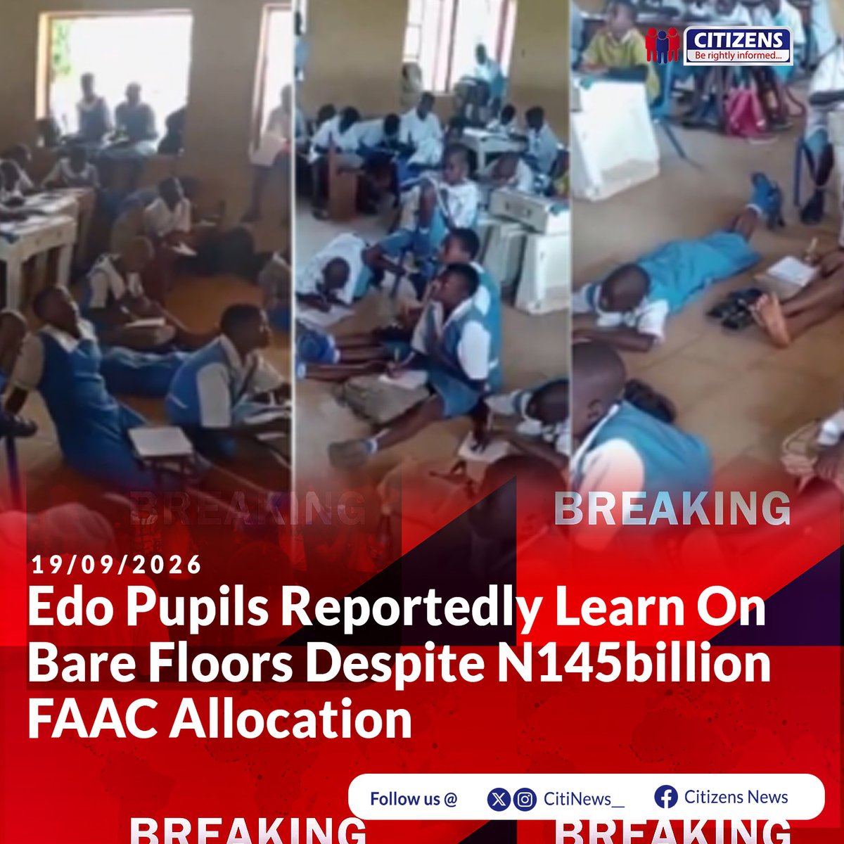 CitiNews__'s tweet photo. 🚨 EDO PUPILS STILL LEARNING ON BARE FLOORS

Pupils of Uokha Grammar School, Owan East LGA, Edo State, have reportedly been seen taking lessons on bare floors inside dilapidated classrooms.

MonITNG raised concerns over the poor condition of the school, including inadequate furniture and deteriorating classroom facilities.

The group also questioned why children are still learning under such conditions despite the state’s reported revenue inflows. 😔

Read more: https://t.co/MU89qcmyCv

#EdoState #Education #NigeriaNews #SchoolCrisis #Edo #CitizensNews #NewsCitizen 

Comeback | Konsa and Gabriel | Assnal | #ThreatIntel