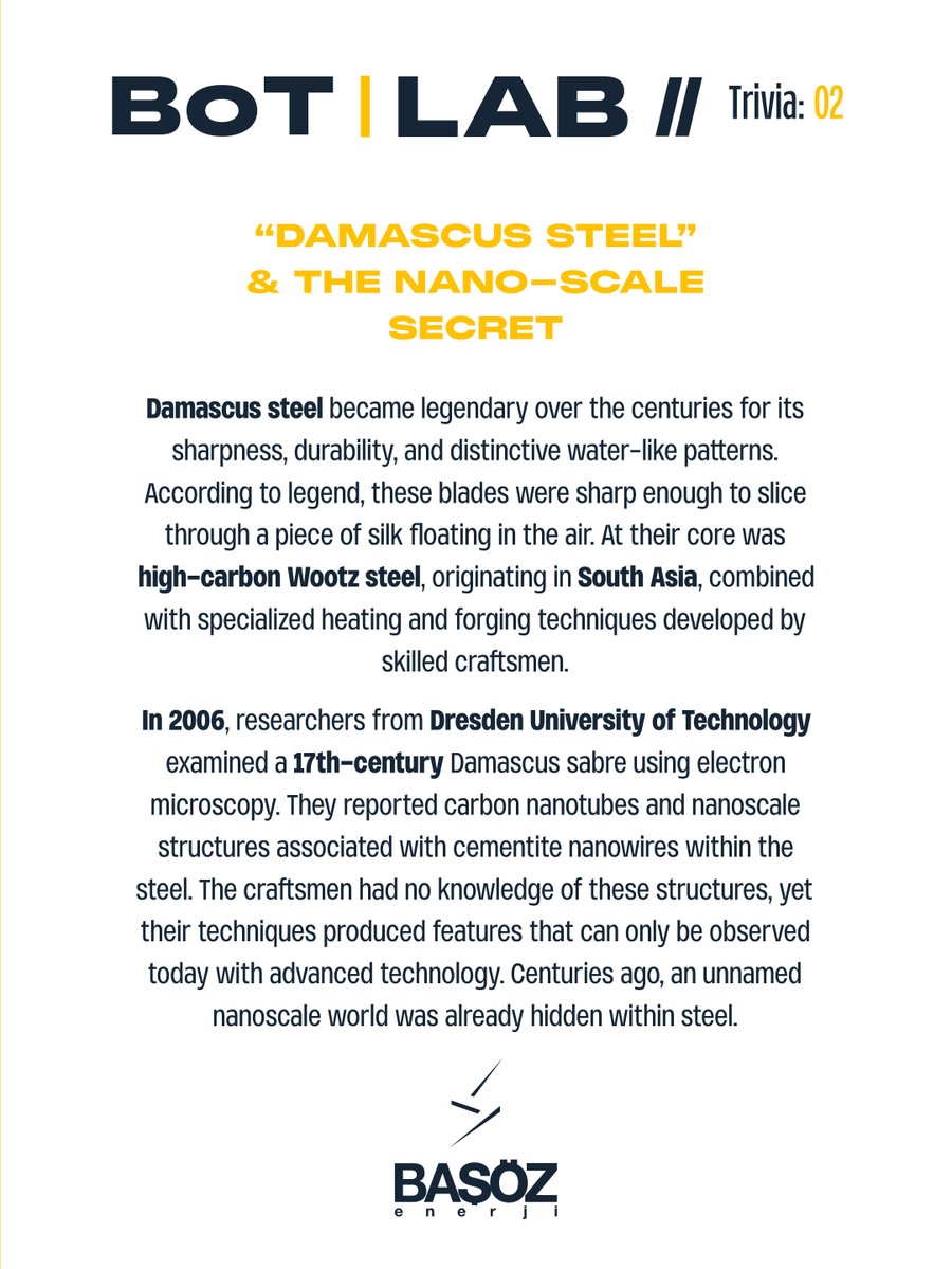 basozenerji's tweet photo. BoT LAB // Trivia 02

“Damascus Steel” &amp; The Nano-Scale Secret ⚔️
 Centuries later, modern technology revealed another fascinating detail: nano-scale structures hidden within the steel.

#BaşözEnerji #SteelsJourneyToEnergy #BoTLAB #Trivia https://t.co/0OmwuZT4Vq