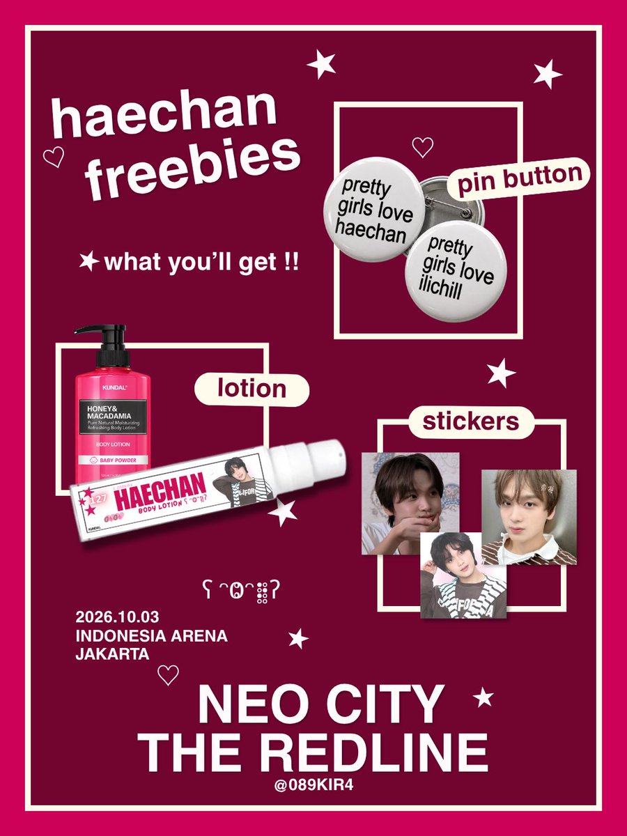 089KIR4's tweet photo. ˚.⋆꒰১ NCT 127 NEO CITY - THE REDLINE in JAKARTA ໒꒱⋆.˚
— 🌻 for haechan's sfs ʕ˙Ⱉ˙‧:ʔ
freebies by @089KIR4

how to claim?
𑣲 RT &amp; like this tweet
𑣲 say hi to me 🤓
𑣲 show me your haechan stuff(s)!!

⟡ Indonesia Arena, Jakarta
⟡ 3rd October, 2026

𝘴𝘦𝘦 𝘺𝘰𝘶 𝘴𝘰𝘰𝘯 https://t.co/OD1I4EzhD5