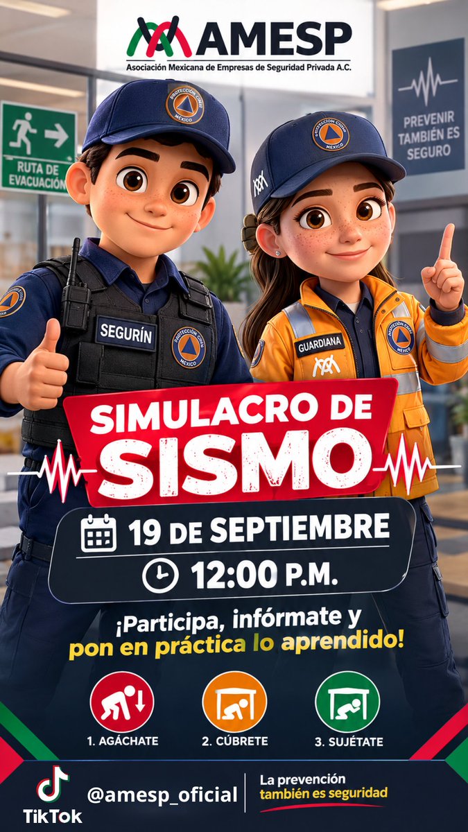 AMESP_oficial's tweet photo. 🚨 ¡La prevención salva vidas!

Este 19 de septiembre, participa en el Simulacro Nacional de Sismo.

No corro. No grito. No empujo.

🤝 Juntos fortalecemos una cultura de prevención.

Tic tok AMESP: https://t.co/KGUL4uHq74

#SimulacroNacional #Sismo  #NoCorroNoGritoNoEmpujo https://t.co/46GAPrZYNH