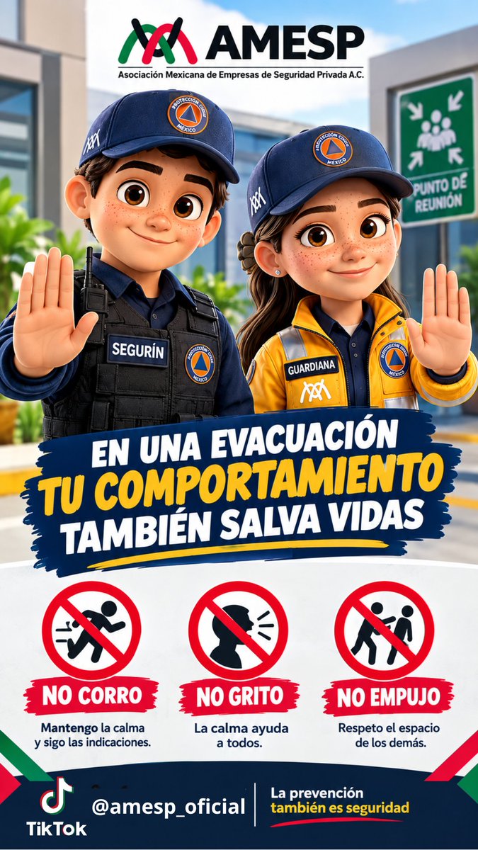 AMESP_oficial's tweet photo. @SGIRPC_CDMX @vtorreslanda 🚨 ¡La prevención salva vidas!

Prepárate, mantén la calma y sigue las indicaciones de seguridad.

No corro. No grito. No empujo.

🤝 Juntos fortalecemos una cultura de prevención.

Tic tok AMESP: https://t.co/KGUL4uHq74

#SEGURIN #GUARDIANA #SimulacroNacional #Sismo #Prevención https://t.co/E8kzSFAxH3