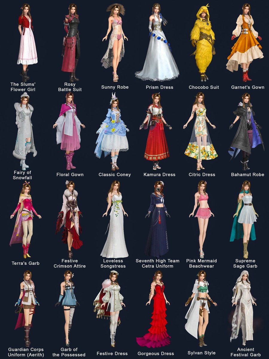 silvermagia's tweet photo. All of Aerith's Ever Crisis outfits 🌸🩷 https://t.co/7XoMFA5Ld5