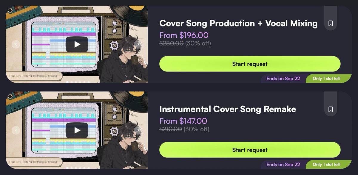 ProdbyTaka's tweet photo. Hello guys!! I also do instrumental remake commissions if you wanna make a song cover for your project!!

I only open 1 slot/month to make sure I can give each project my full attention 😂
Check it out my portfolio here https://t.co/7w7MoxvWl4 🖤

#VGenArtist #VTuber #ENVTuber https://t.co/PbMJuycqDW