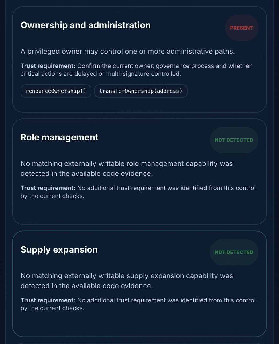 TokenToolHub's tweet photo. $Hachiko returned 90/100 on both the quick public-risk layer and deeper TokenToolHub contract intelligence.

Contract:
0xf1c599e9a5fbdea408a7409c0176a2fe42c64444

Network: BNB Smart Chain

Simulation:

• Honeypot: Not detected
• Buy tax: 0%
• Sell tax: 0%
• Ownership: Renounced
• Proxy: Not detected
• Total supply: 1B $Hachiko

The deeper control surface is comparatively clean.

TokenToolHub did NOT detect:

• Supply expansion
• Supply reduction
• Wallet restrictions
• Wallet exemptions
• Emergency pause
• Trading switches
• Transaction/wallet limits
• Mutable fees/taxes
• Upgrade authority
• Asset recovery
• Generic external execution

The live owner() call returns the zero address, confirming ownership is currently renounced.

The main caveat is source provenance.

The explorer supplied a Similar Match rather than exact source verification.

Runtime bytecode similarity supports the analysis, but constructor parameters or initialization state can still differ from the matched deployment.

Recent contract activity, token transfers and creation context were unavailable, so those areas remain unresolved.

90/100 quick.

90/100 deeper.

A comparatively clean current control surface, with deployment-specific source verification still worth checking.

Full $Hachiko intelligence:
https://t.co/7YdPCP1AcT
