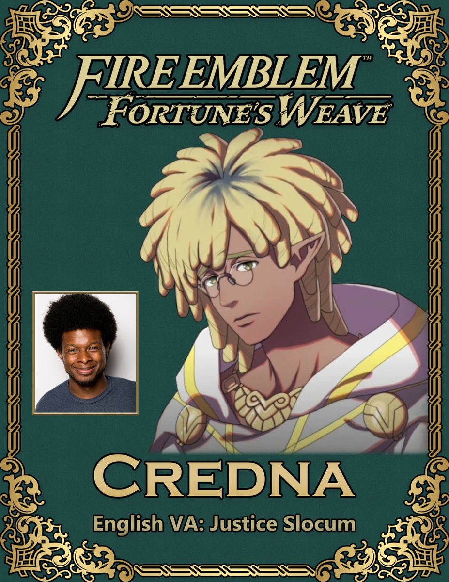 JusticeSlocum's tweet photo. Extremely excited and honored to announce that I voice Credna and Lechner in Fire Emblem Fortune's Weave! I feel so FORTUNE-ate that I got to WEAVE such a brilliant narrative alongside so many amazing people! Hope y'all are enjoying the game!!! https://t.co/oZmRhl5rO5