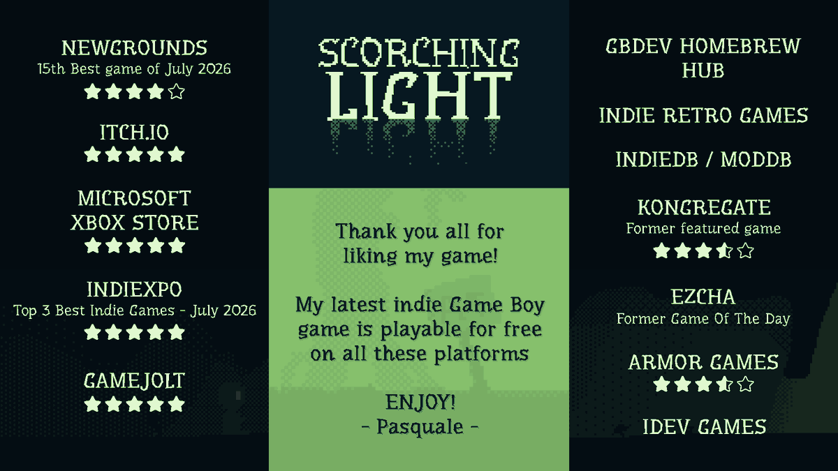 Pasquiindustry's tweet photo. Two months ago I released my #Homebrew #GameBoy game for the Summer Game Jam on @Newgrounds. I hadn't expected you to like it this much.
I released it on many sites. I learned a lot, found cool places, new projects, and welcoming communities. Thanks! #GameDev #IndieDev #IndieGame https://t.co/fPVe7lL8yv