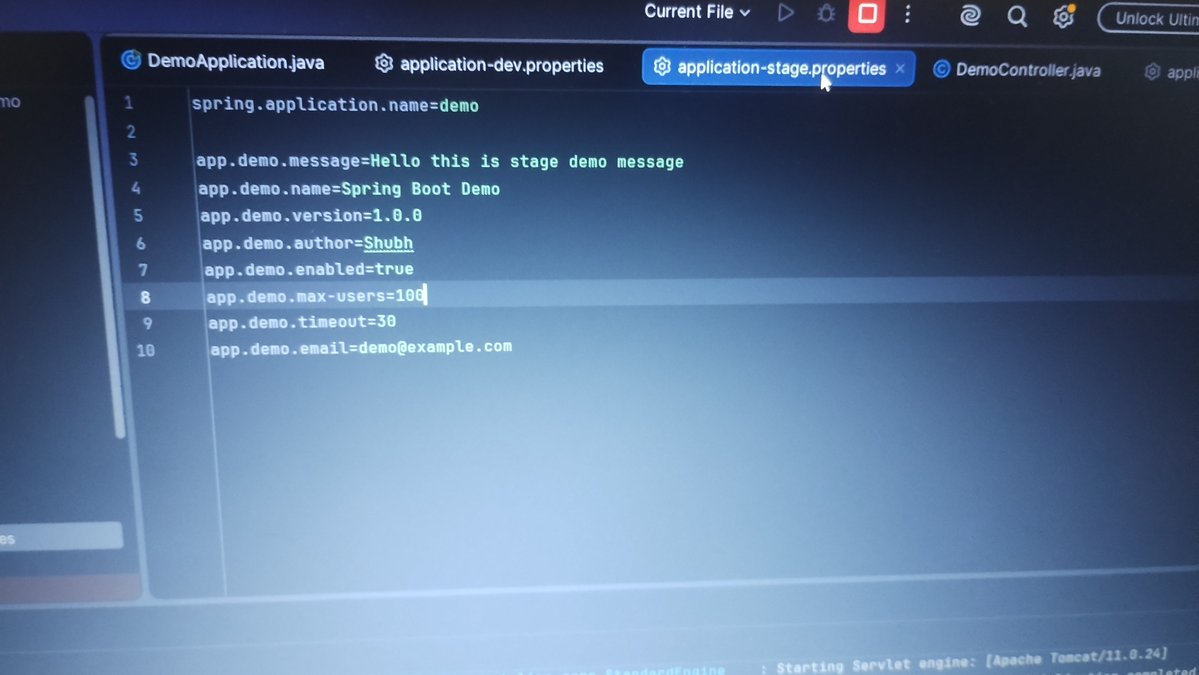 SwainShubh's tweet photo. Day 103 of learning java 🚀
Today I learn
✅ Application properties file
✅ Different environments
✅ Command line arguments
#java #javadeveloper #spring #springboot https://t.co/QdhrJl3nJu