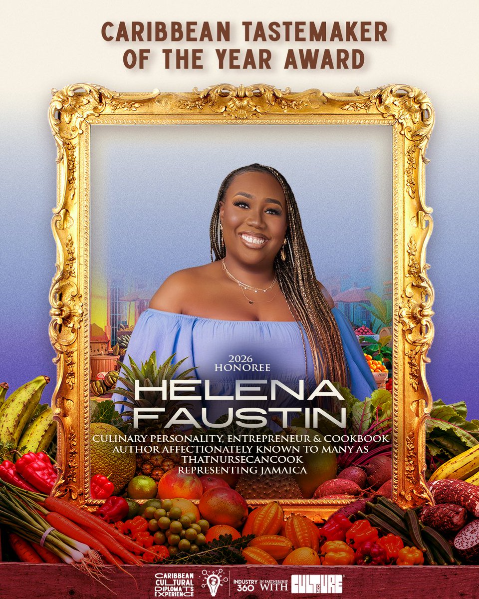 industry_360's tweet photo. Honoring Helena Faustin, aka @thatnursecancook, as a 2026 Caribbean Tastemaker Of The Year honoree, representing Jamaica. 🇯🇲 Her work carries Caribbean traditions forward through food, storytelling &amp; culture. 🌱 #FromSoilToSoul #Industry360xCultureCon https://t.co/QloMYTj76W