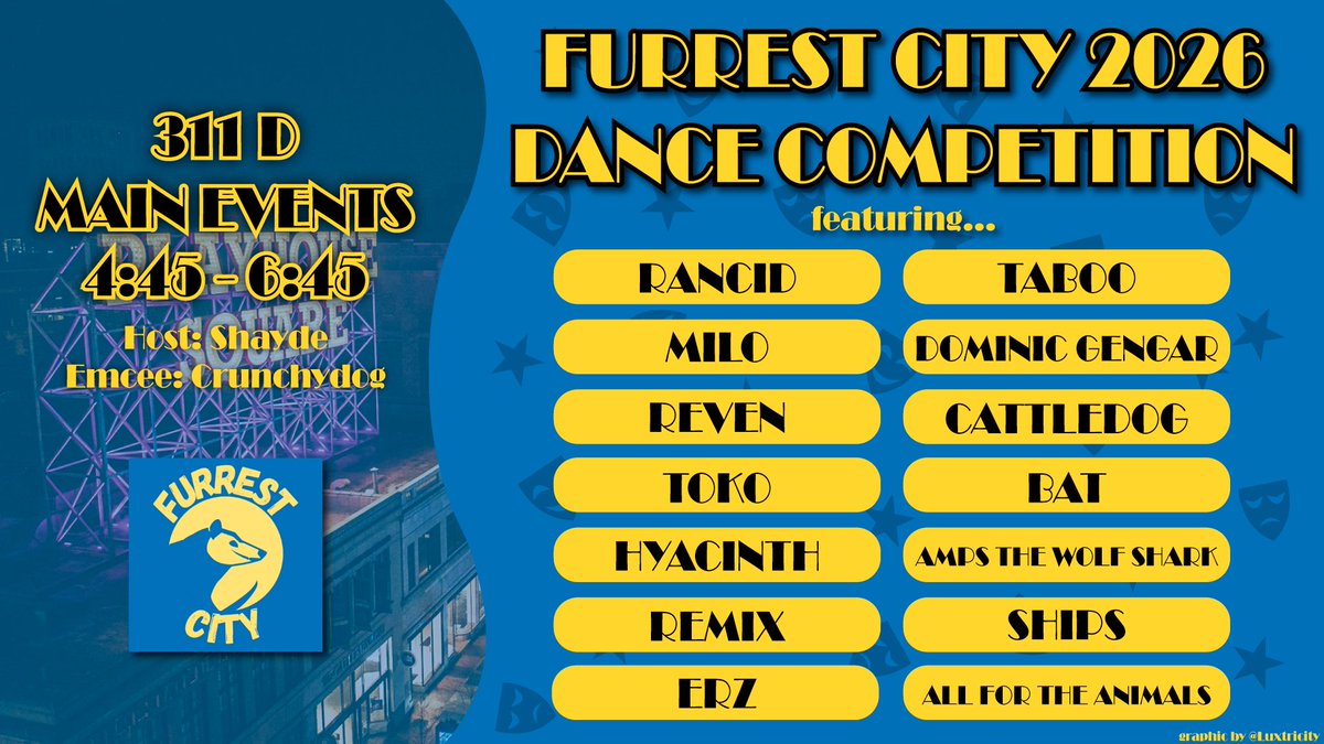 FurrestCity's tweet photo. Here are the finalists for Furrest City 2026’s Dance Competition! Come see these dancers work it on the dance floor TODAY at 4:45pm! Main events room 311D https://t.co/JkTaDiyQBE