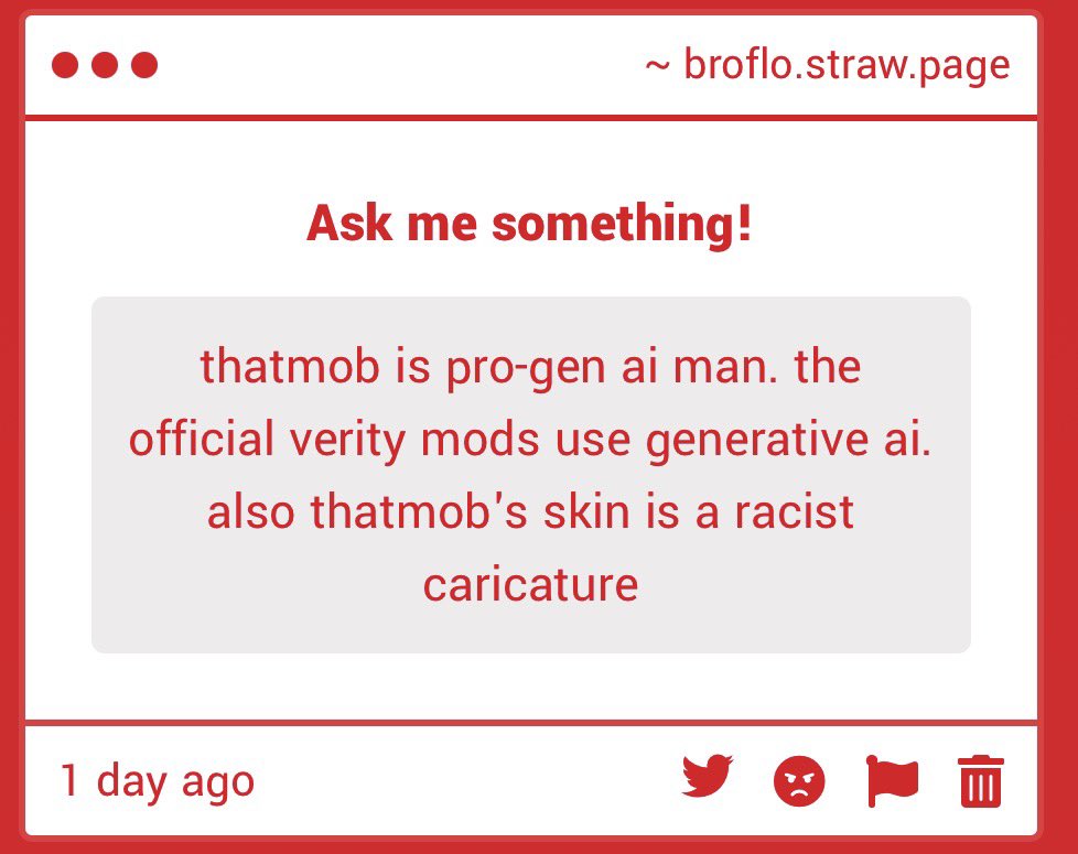 broflovzz's tweet photo. there is no official verity mod. none of them were made by mob
it’s supposed to be an enderman. he pointed out once that it could look that way but he has stated plainly multiple times that it’s supposed to be an enderman. also he’s black so it rlly doesn’t matter tbh https://t.co/ZoaEPXWb8P