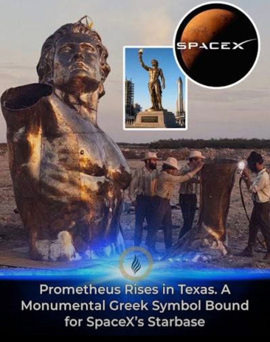 DxmonCsf's tweet photo. Nine days to Starship Flight 14.

NET September 28 from OLP-2. Ship 41 aims for first sustained orbit, deploys 26 Starlink V3 satellites, nearly 10 hours aloft, then Pacific splashdown.

Meanwhile the independent 50-ft bronze Prometheus by @AtelierMissor_ stands watch at the gate — torch of the West raised, legs built for Texas storms.

The fire that was stolen is about to circle the planet.

$Prometheus #Starbase #ElonMusk