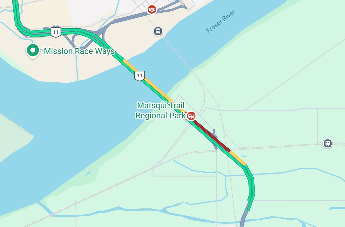DriveBC's tweet photo. ⚠️#BCHwy11 - Expect northbound delays on the #MissionBridge due to a vehicle incident. Crews are on scene. #Abbotsford #MissionBC https://t.co/jZtiMj9V19
