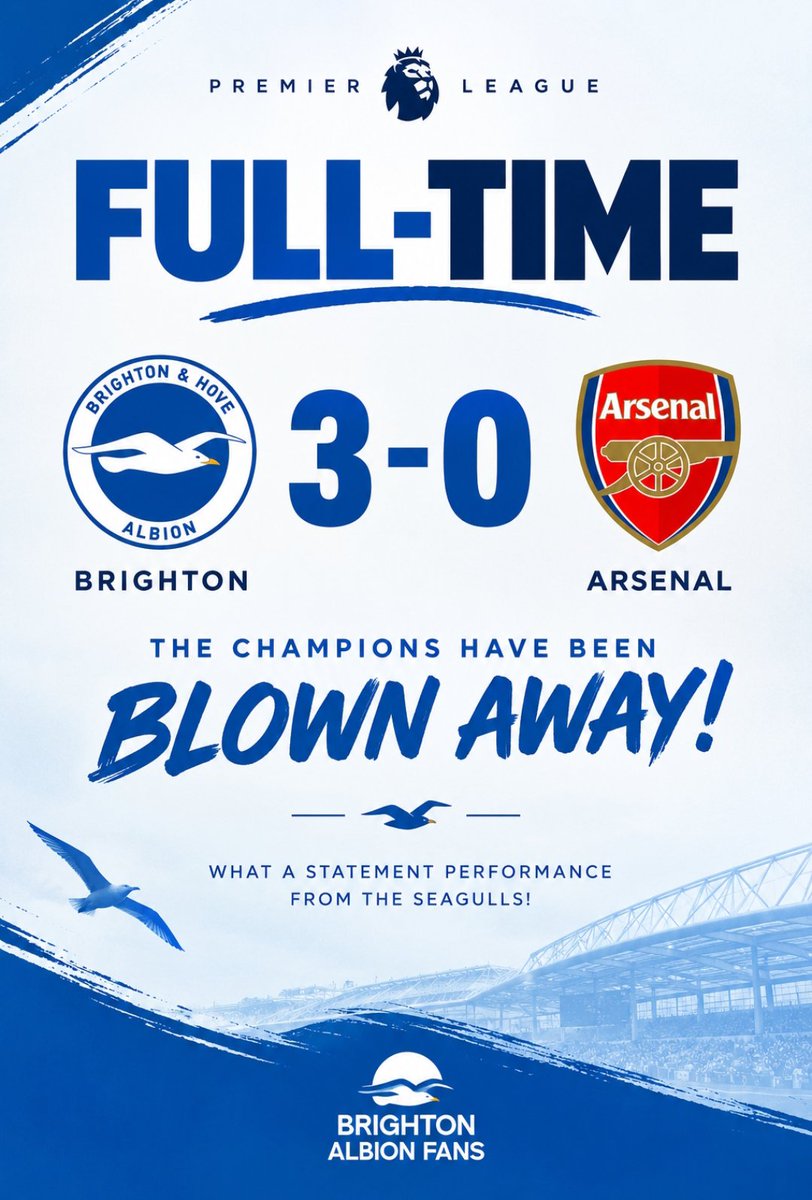 brightonAfans's tweet photo. FULL-TIME! 🔥💙🤍

Brighton 3️⃣–0️⃣ Arsenal! 🥶

THE CHAMPIONS HAVE BEEN BLOWN AWAY! What a statement performance from the Seagulls! 🌊🫡

#BHAFC #Brighton https://t.co/FTbfb2KGBW