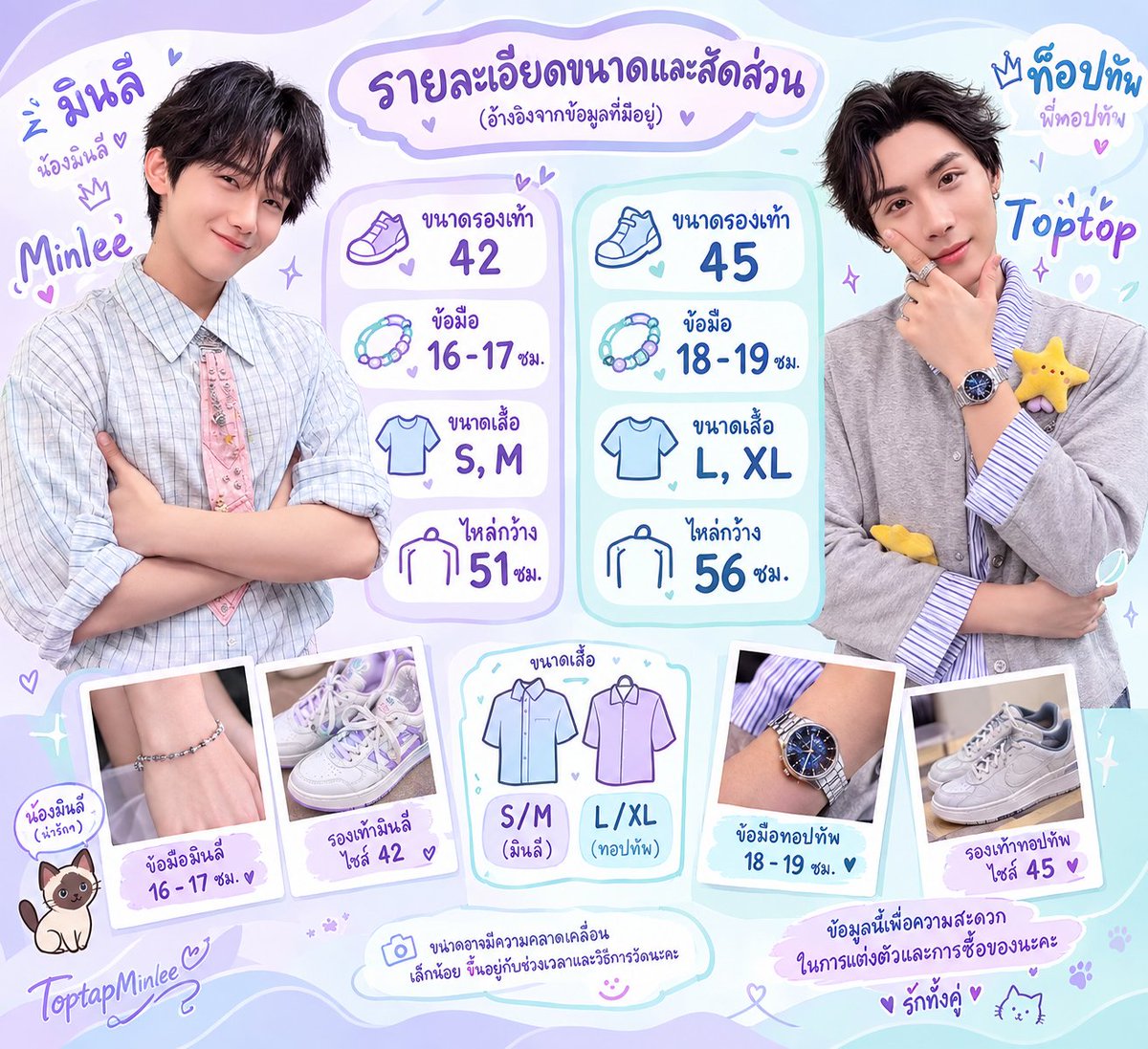 PatkunahP's tweet photo. มัมปัท รวมข้อมูลไซซ์ของสองหนุ่ม
ไว้ให้แล้วค่า เผื่อใครกำลังเลือกเสื้อ 
รองเท้า หรือของขวัญให้มินลีกับท็อปท็อป เซฟเก็บไว้ได้เลยนะคะ 👕👟✨
ข้อมูลอ้างอิงจากไลฟ์ ปิ้ว ๆ (เล่นของเล่น) 
ผิดพลาดจุดใหน ทักแนะได้นะคร่า
หวังว่าจะเป็นประโยชน์นะคร้า สมาชิก
.
#Vitomin 💜🩵🍬
#TOPTAPMINLEE https://t.co/Y4sjpV2JvZ