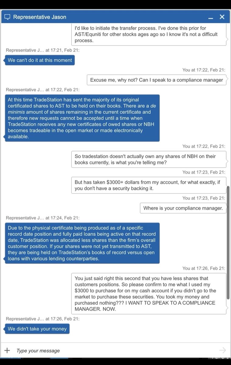 RareDealsHere's tweet photo. If there wasn't an imbalance in MMTLP it would've made perfect sense for brokerages to follow the original plan of sending all shares to the transfer agent.

Instead, FINRA and the SEC apparently devised a plan to hide the problem.

Look at the first MMTLP Corporate Action and compare it to the second. (image 1)

FINRA claimed that they meant to include MMTLP Sybol Deletion would occur effective 12/13/22 but what happens if you pretend they did? 

That initial Corporate Action would still make no sense because it said that MMTLP shareholders with settled positions as of the 12/12 Record Date would receive one share of Next Bridge Hydrocarbons for every share of MMTLP held on the Pay/Distribution Date of 12/14/22.

How can shareholders be holding MMTLP on 12/14/22 if it was Deleted effective 00:00:00 12/13/22???

(image 2 shows what the SEC made effective... A 12/14/22 Exchange followed by MMTLP Share Cancellation)

So instead of actually fixing the fact that FINRA incorrectly made 00:00:00 12/13/22 the overall Effective Date of the MMTLP Corporate Action, they instead removed any mention of 12/14/22, and made the revised Corporate Action all about Deleting the Symbol Effective 00:00:00 12/13/22, which was a full 40 hours before the actual EXCHANGE set to take place on 12/14/22 after the close of business.

Why did they do this? 

I think it's because they needed to conduct their own EXCHANGE before the real EXCHANGE so that they could hide/track the obligations with their own system of identifiers.

Image 3 shows what actually occurred on 12/13/22. MMTLP was EXCHANGED for something but it wasn't Next Bridge Hydrocarbons. The Next Bridge Hydrocarbons shares weren't distributed until 12/14/22.

Don't include your personal information but feel free to share images from other brokerages showing that an MMTLP Exchange took place on 12/13/22. 

There weren't enough Next Bridge Hydrocarbons shares for a 1 for 1 exchange. So far Tradestation is the only brokerage that admitted so. (image 4) @VP @FBI @TheJusticeDept