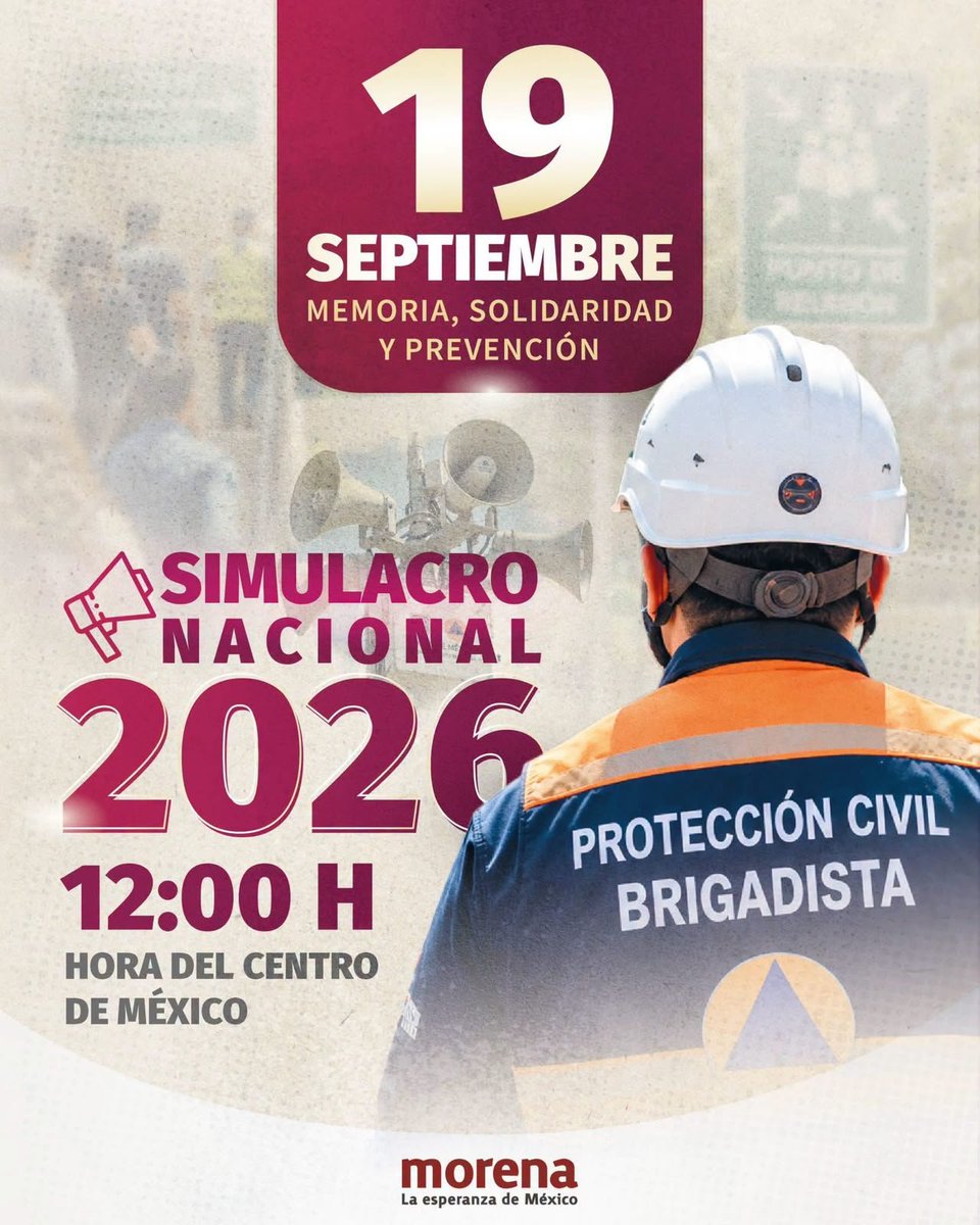 MorenaMichoacan's tweet photo. 🔴 Participa en el #SimulacroNacional2026.
Mantén la calma, sigue las indicaciones de las y los brigadistas y recuerda: estar preparados puede hacer la diferencia.

#HumanismoMexicano
#PrimeroLosPobres https://t.co/fVyxMTd2as