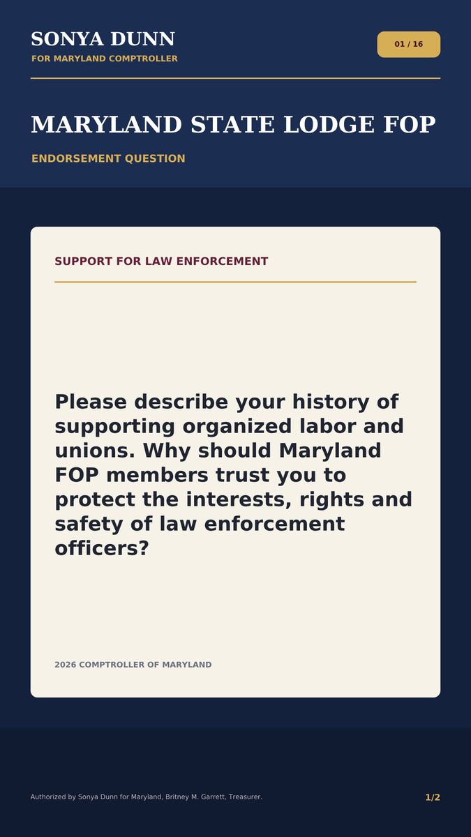 votesonyadunn's tweet photo. Here’s my response to the Maryland State Lodge FOP questionnaire: I commit to listening to officers, respecting their rights, and recognizing the impact on their families. Trust must be earned. Swipe for more! 

Authorized by Sonya Dunn for Maryland, Britney M. Garrett, Treasurer https://t.co/xGILKEEYY0