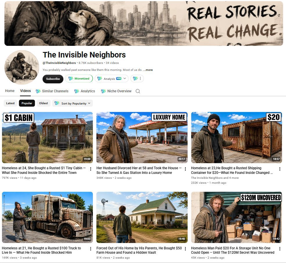 Automation94453's tweet photo. Are homelessness stories an underrated storytelling niche?

8.75K subscribers 
1,970,504 total views
Long-form

Why this format works?
> $5, $10, $15 labels add an immediate hook
> Every video follows a familiar structure, but they keep it flexible
> Titles and thumbnails make https://t.co/wBIWapFQxL