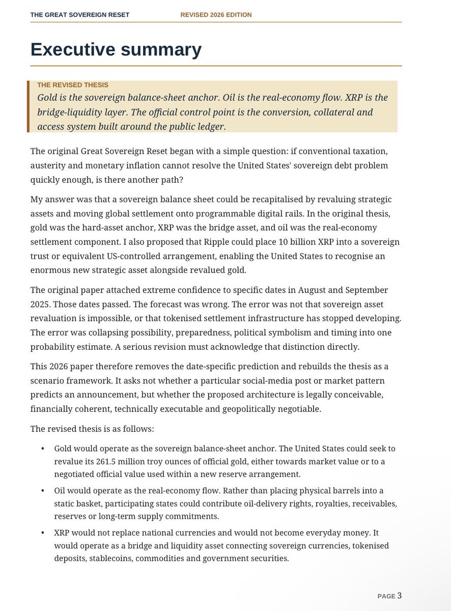 fefe01101100's tweet photo. On the SEC website, there is a rulemaking petition labeled “THE GREAT SOVEREIGN RESET
A gold-oil-XRP architecture for a new global monetary settlement system”, filed by Boyd Roberts of Big Picture Group. It elucidates how XRP will be the liquidity bridge for a gold and oil backed financial system and an OVERNIGHT revaluation to $3,300 per XRP.

It was supplemented July 2026 just as SEC is about to release its rules…

The core thesis

Gold is the stock. Oil is the flow. XRP is the bridge.

Gold is the stock: It recapitalizes official books. U.S. gold is about 261.5 million ounces. His example revaluation to $25,000/oz marks it at about $6.54 trillion. Gold is collateral.

Oil is the flow: Energy trade, delivery rights, and supply contracts create ongoing real-economy demand.

XRP is the bridge: It connects currencies, stablecoins, gold claims, and oil entitlements. The large example is 10 billion XRP. At an illustrative $3,300, that inventory is marked at about $33 trillion.

He describes the price change as an overnight surprise, not a slow market move. Official gold would be written up and XRP’s collateral role activated in one coordinated announcement, with swap lines and conversion windows ready immediately. If negotiated in private, the public would see the finished system, not the buildup.

The official values would stay secret until then. Advance leaks, he says, could trigger hoarding, capital flight, gold chaos, and an uncontrolled XRP spike. So the chosen assets, official prices, XRP transfer terms, and announcement time would be held by a small circle. Other teams would build rails under ordinary “modernization” labels.

A separate sovereign settlement unit, backed by gold/commodities, would sit on XRPL or interoperable ledgers. XRP itself would be the connector.

XRP riddlers knew since Ross Vandermeer

See for yourself ⬇️

https://t.co/G8RKI696e0

Credit: @Crypto_Luke589