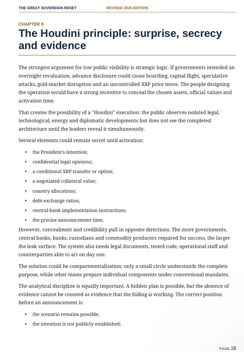 fefe01101100's tweet photo. On the SEC website, there is a rulemaking petition labeled “THE GREAT SOVEREIGN RESET
A gold-oil-XRP architecture for a new global monetary settlement system”, filed by Boyd Roberts of Big Picture Group. It elucidates how XRP will be the liquidity bridge for a gold and oil backed financial system and an OVERNIGHT revaluation to $3,300 per XRP.

It was supplemented July 2026 just as SEC is about to release its rules…

The core thesis

Gold is the stock. Oil is the flow. XRP is the bridge.

Gold is the stock: It recapitalizes official books. U.S. gold is about 261.5 million ounces. His example revaluation to $25,000/oz marks it at about $6.54 trillion. Gold is collateral.

Oil is the flow: Energy trade, delivery rights, and supply contracts create ongoing real-economy demand.

XRP is the bridge: It connects currencies, stablecoins, gold claims, and oil entitlements. The large example is 10 billion XRP. At an illustrative $3,300, that inventory is marked at about $33 trillion.

He describes the price change as an overnight surprise, not a slow market move. Official gold would be written up and XRP’s collateral role activated in one coordinated announcement, with swap lines and conversion windows ready immediately. If negotiated in private, the public would see the finished system, not the buildup.

The official values would stay secret until then. Advance leaks, he says, could trigger hoarding, capital flight, gold chaos, and an uncontrolled XRP spike. So the chosen assets, official prices, XRP transfer terms, and announcement time would be held by a small circle. Other teams would build rails under ordinary “modernization” labels.

A separate sovereign settlement unit, backed by gold/commodities, would sit on XRPL or interoperable ledgers. XRP itself would be the connector.

XRP riddlers knew since Ross Vandermeer

See for yourself ⬇️

https://t.co/G8RKI696e0

Credit: @Crypto_Luke589