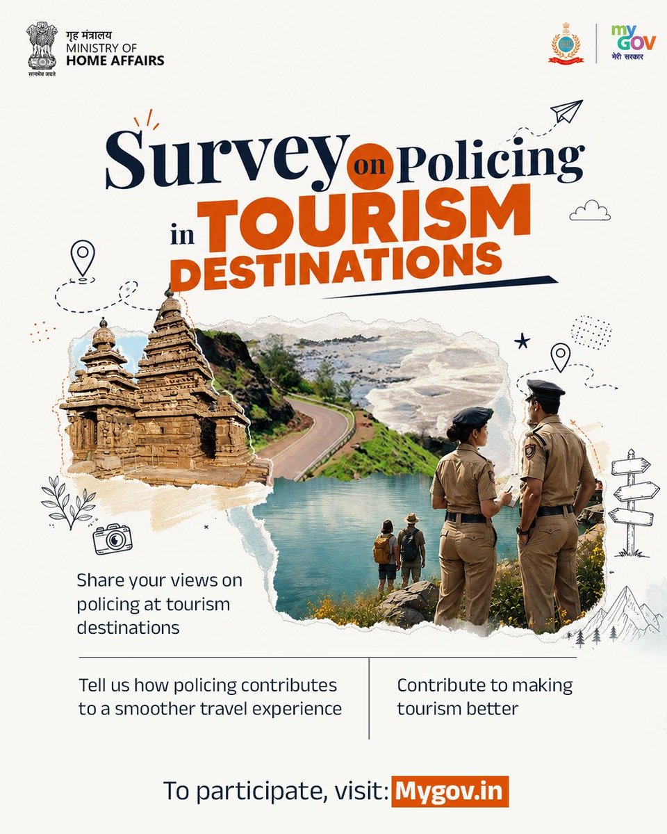 transformIndia's tweet photo. Your travel experience can help shape better tourist policing. 

Share your experience through the Policing in Tourist Destinations survey and offer valuable insights to strengthen tourist policing, making every journey more welcoming, seamless, and secure.

🔗 https://t.co/mEzJMzJwKp

#TouristSafety
#IncredibleIndia
#TravelIndia 

@HMOIndia @BPRDIndia