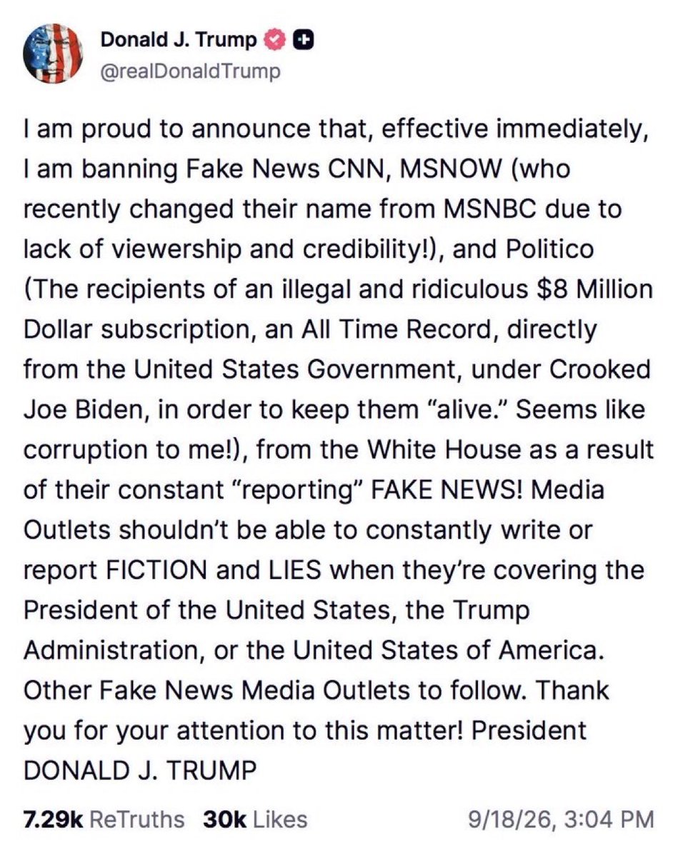 LucSpighel's tweet photo. 🇺🇸 Donald #Trump annonce qu’il interdit désormais #CNN, #MSnow et #Politico d’accès à #MaisonBlanche ⁉️🥶‼️
✅ Trump les accuse de diffuser des «#FakeNews» ⁉️
➡️ Liberté de #presse et #journaliste.. ✨
#ÉtatsUnis #USA #politique #WhiteHouse https://t.co/bRVZ3oeKB0