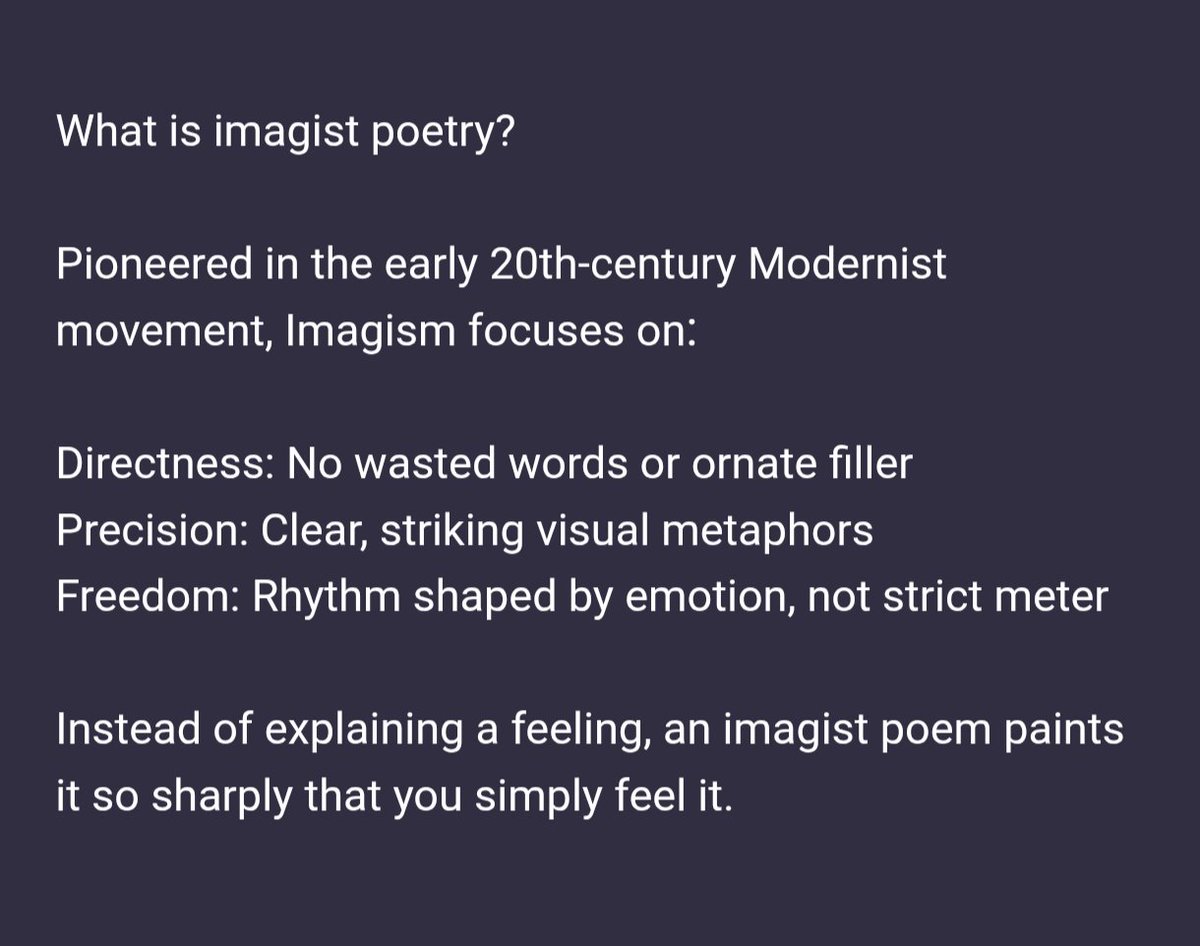 nathan_h7x's tweet photo. Exploring modern anxiety through the lens of early 20th-century poetry. Here’s the story behind the style and poem👇

#PoetryCommunity 
#WritingCommunity 
#Modernism 
#Imagism
#Poem #poetry 

Sometimes a feeling is too heavy to explain, so you have to paint it with words 💜 https://t.co/0SN0iAqAd1