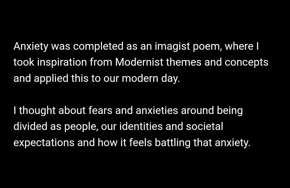 nathan_h7x's tweet photo. Exploring modern anxiety through the lens of early 20th-century poetry. Here’s the story behind the style and poem👇

#PoetryCommunity 
#WritingCommunity 
#Modernism 
#Imagism
#Poem #poetry 

Sometimes a feeling is too heavy to explain, so you have to paint it with words 💜 https://t.co/0SN0iAqAd1