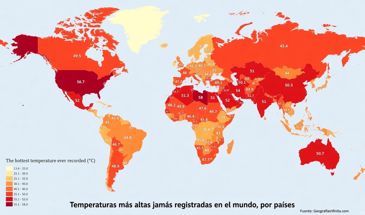 JohariGautier's tweet photo. Mapa de las temperaturas más altas jamás registradas en el mundo, por países. 

#Geografía #Temperaturas #Mapa https://t.co/PtXGYjdjpX
