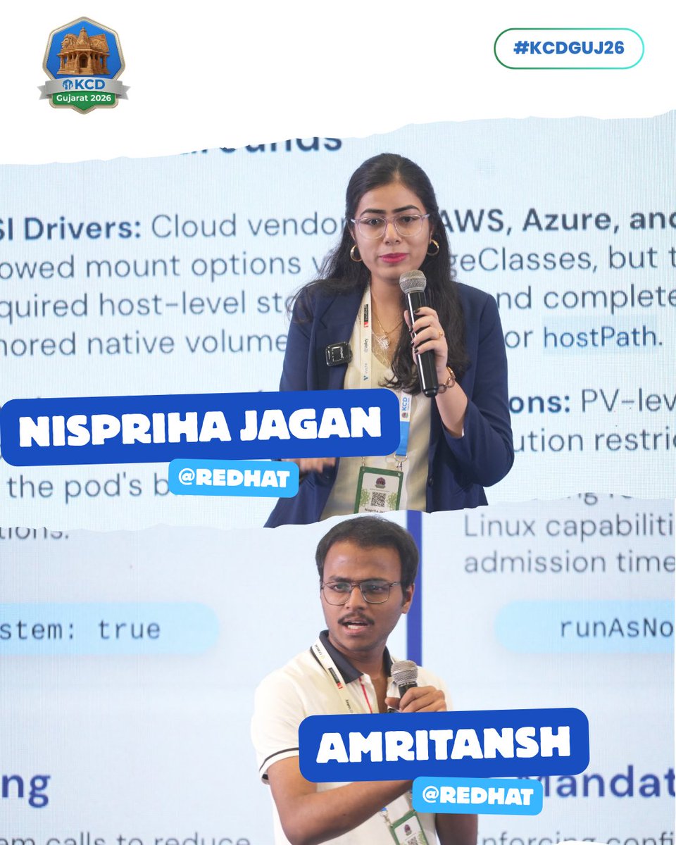 k8sAMD's tweet photo. Pod security, end to end. 🔐

Nispriha Jagan and Amritansh dive from readOnlyRootFilesystem to kernel mount flags.

#KCDGujarat #KCDGUJ26 #Kubernetes https://t.co/smAGZLUNqM
