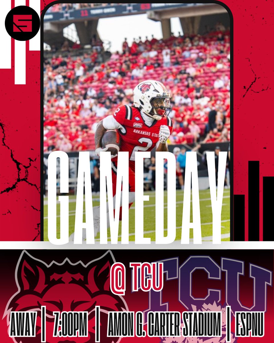 RedWolvesSynd's tweet photo. It’s Game Day!! 🏈

(1-1) A-State travels to (1-1) TCU for a National Televised Game as the Red Wolves looks for the 2nd win in a Row

🆚 TCU
⏰ 7:00pm
🏟️ Amon G. Carter Stadium
📺 ESPNU

📸 Jtfilmzs

Series: (TCU 2-0)

#WolvesUp #FB #GoRedWolves #BeatTCU #SunBelt #PrimeTime https://t.co/CJknymuhaA