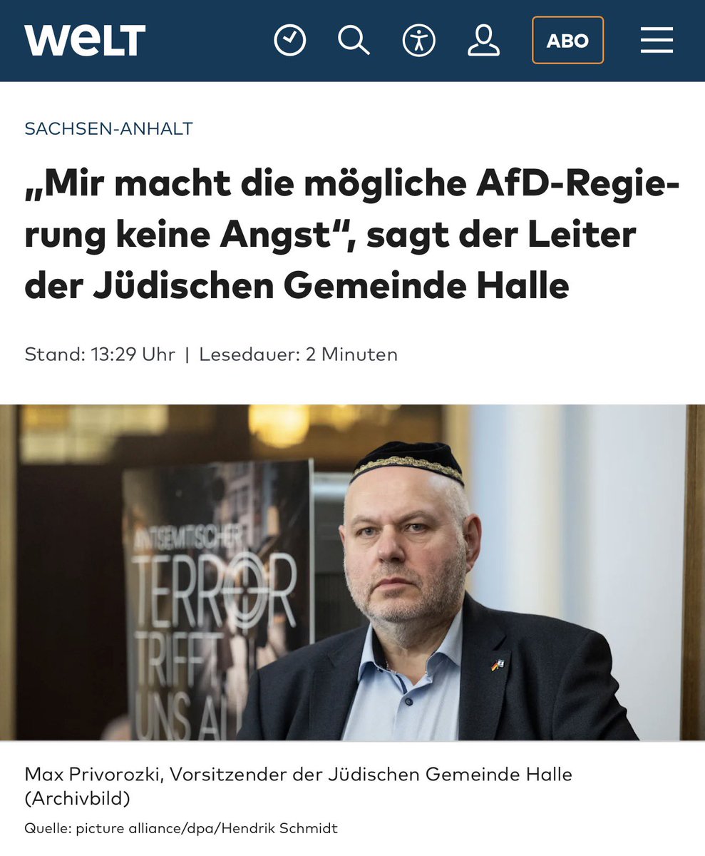 Georg_Pazderski's tweet photo. Endlich traut sich einer es auszusprechen!

Max Privorozki, Vorsitzender der Jüdischen Gemeinde Halle, sieht die AfD NICHT als größte Bedrohung für jüdisches Leben - er fürchte sich NICHT vor einer möglichen AfD-Regierung in Sachsen-Anhalt.

„Schockiert“ zeigt er sich dagegen über das Ausmaß von Antisemitismus in weiten Tei­len der Gesell­schaft und verweist auf einen zunehmenden linken Antisemitismus, auch in der Linkspartei.

Noch mehr Sorgen sollte uns der unheilige Schulterschluss der linken und islamischen Antisemiten machen, der zur ernsthaften Gefahr für jüdisches Leben wird.
