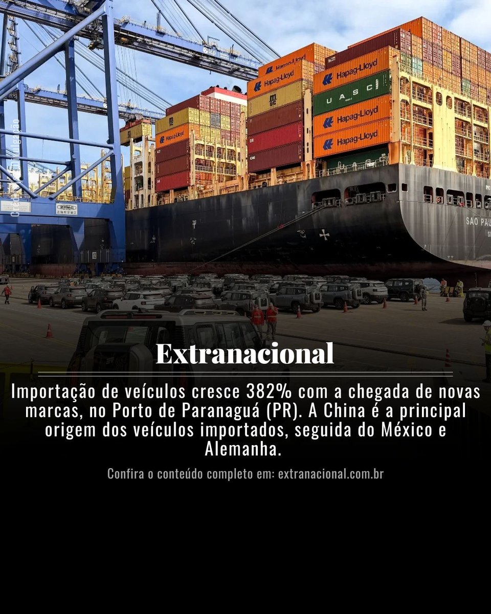 extranacionalpr's tweet photo. Importação de veículos cresce 382% com a chegada de novas marcas, no Porto de Paranaguá (PR). A China é a principal origem dos veículos importados, seguida do México e Alemanha.

A íntegra, em Extranacional (@extranacionalbr).

#veiculo #importacao #portodeparanagua https://t.co/I49TY4HJLU