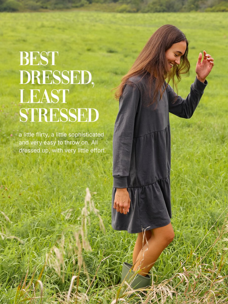 ProvinceCanada's tweet photo. The Dress Issue: Introducing the new Tier Dress. A little flirty, a little sophisticated, and very easy to throw on. Our Tier Dress pairs an easy, relaxed fit with a gathered, tiered skirt that brings a little movement to the everyday. Made in Canada from 100% organic cotton, with long sleeves, a classic crewneck and pockets, of course. https://t.co/qcqfMSG8g1