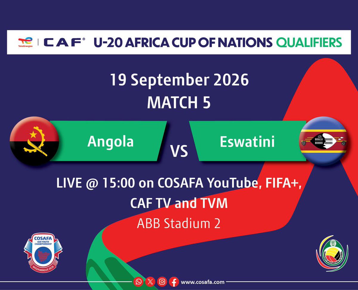 COSAFAMEDIA's tweet photo. ⚡ NEXT UP!
ANGOLA 🇦🇴 🆚 🇸🇿 ESWATINI
🕒 15:00
📍 ABB Stadium
📺
https://t.co/WUVAoQI3Mu
Another battle awaits at the COSAFA U-20! 🔥
#COSAFAU20 #COSAFA #ANGOEsw #Matchday #Maputo2026 https://t.co/4125fsFjG3