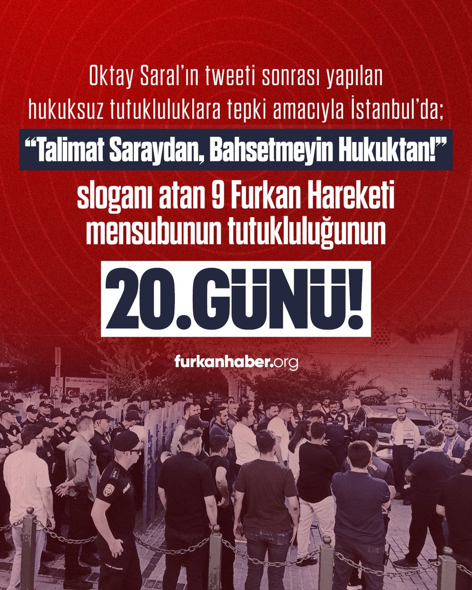 FH_Susmaz's tweet photo. Oktay Saral’ın tweeti sonrası yapılan hukuksuz tutukluluklara tepki amacıyla İstanbul’da; “Talimat Saray’dan, Bahsetmeyin Hukuktan!” sloganı atan 9 Furkan Hareketi mensubunun tutukluluğunun 20. günü! https://t.co/rEgaMlLXXn