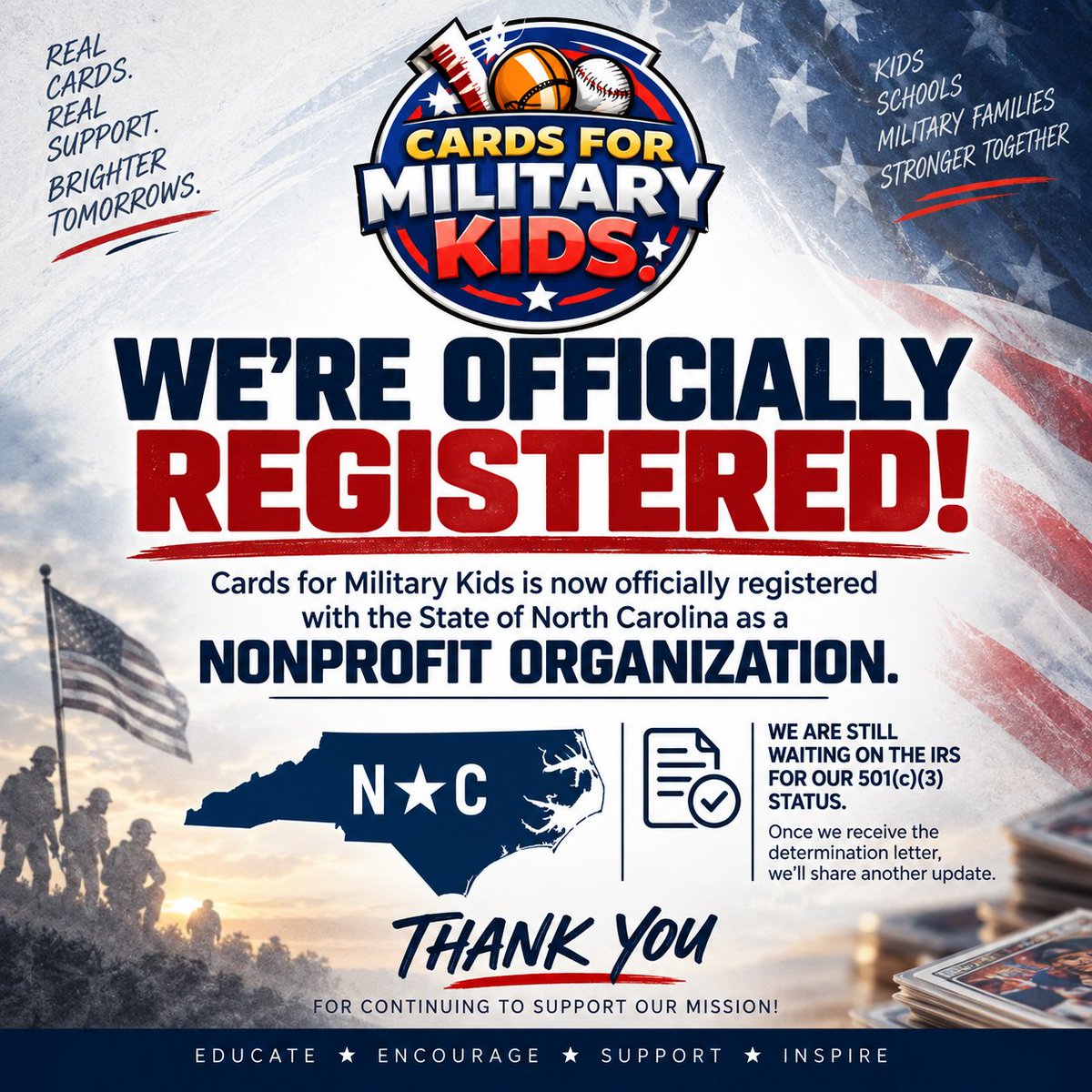 CFMKOfficial's tweet photo. A pretty big step for Cards for Military Kids!

We are officially registered with the State of North Carolina as a nonprofit organization. We're still waiting on the IRS for our 501(c)(3) determination, so we're not there quite yet, but we're getting closer. https://t.co/bFROCrPjXR