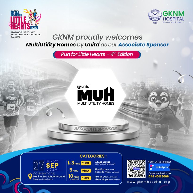 GKNMHospital's tweet photo. #GKNM welcomes #MultiUtilityHomes by Unitd as our " Associate Sponsor " for the 4th Edition of Run for Little Hearts 2026.
https://t.co/WAKZr1b16o
#RunForLittleHearts #RunForLittleHearts2026 #AssociateSponsor #MUH #UnitdLivingSpace #Coimbatore #GKNMiOP #GKNMHospital https://t.co/mRFgT6aEue