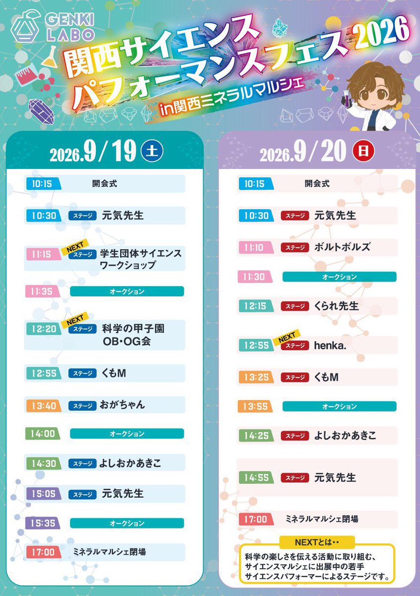 genkiichioka's tweet photo. 関西サイエンスパフォーマンスフェス2026 in 関西ミネラルマルシェ初日終了！！

本当に沢山の方に来ていただきありがとうございました！

朝から最後までサイエンスライブを楽しんでくれる子どもたちが沢山いて、会場がずっと科学で盛り上がっていました🔬

そして全国から集まってくれたサイエンスパフォーマーの皆さんもありがとうございました！

こうやって色々な科学の伝え方をする人たちが集まって、一日中科学を楽しめるイベントができたことが本当に嬉しいです。

でも、まだ終わりません！

明日も開催します！！

明日はくられ先生、ボルトボルズも登場！
（※くられ先生が会場まで辿り着ければ。無理だったらごめんなさい🙇‍♂️）

僕もサイエンスライブやります！

サイエンスマルシェも同時開催です！

科学大好きな方
明日もグランキューブ大阪で待ってます！！