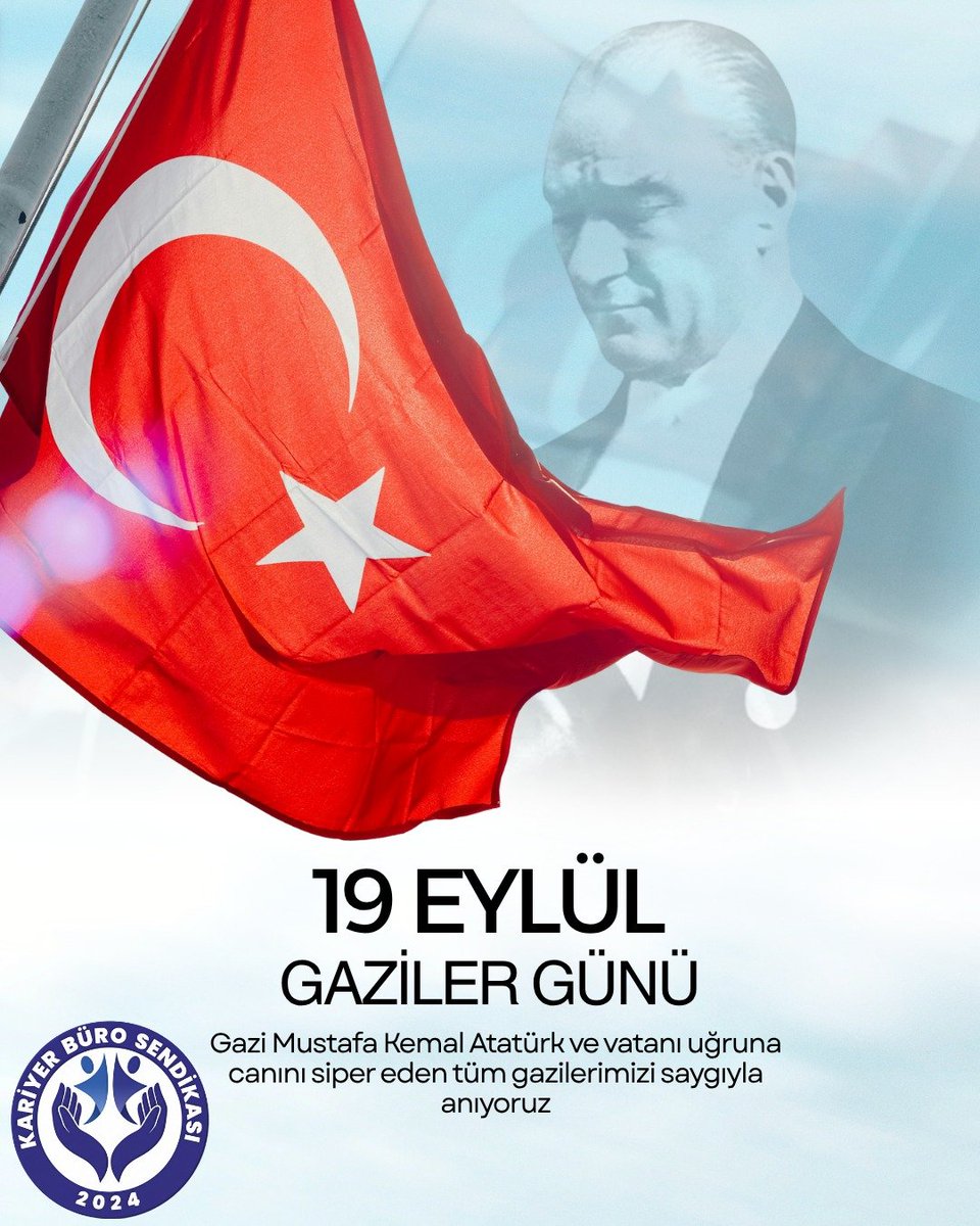 KariyerBuroSEN's tweet photo. Vatanımızın bağımsızlığı, milletimizin huzuru ve geleceğimiz için canını ortaya koyan; fedakârlıkları ve kahramanlıklarıyla tarihimize iz bırakan tüm gazilerimizi minnet ve saygıyla anıyoruz.

Başta Gazi Mustafa Kemal Atatürk olmak üzere, vatan uğruna mücadele eden tüm gazilerimize şükranlarımızı sunuyor; ebediyete irtihal eden gazilerimizi rahmetle yâd ediyoruz.

Kahraman gazilerimizin 19 Eylül Gaziler Günü kutlu olsun. 🇹🇷

#KariyerBüroSendikası
