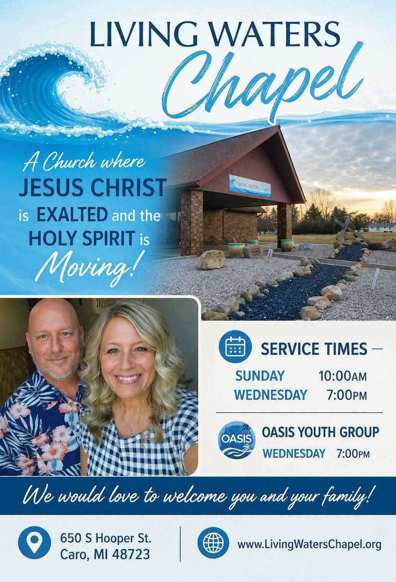 stephcelestia's tweet photo. Join us at Living Waters Chapel in Caro every Sunday at 10:00am for our weekly Revival Experience service, and every Wednesday evening at 7:00pm for our Deeper Waters Bible Study.  The Oasis Youth Group (7th-12th grade) meets on Wednesday evening from 7:00pm-9:00pm. https://t.co/qTn6NP62Li