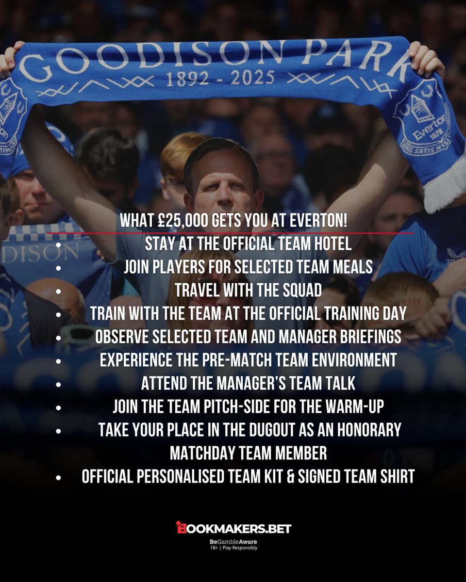 bookmbet's tweet photo. WOULD YOU PAY £25,000 TO BE AN EVERTON PLAYER FOR A DAY?! 😳💸🔵
Everton are taking VIP experiences to an insane new level! For a cool £25,000 per person, fans can buy the "LGNDS VIP Immersive Experience" and literally become part of the first-team squad for a matchday! ⚽💣

You get to stay at the team hotel, eat with the squad, travel on the team bus, sit in on tactical briefings, enter the dressing room for the manager's team talk, and even sit on the bench in the dugout during the match! 🤯👕

Slide right to see every single benefit included in this £25k package! 👉📱

👇 Is this the ultimate dream for a die-hard fan, or is £25,000 absolutely out of control? Drop your thoughts below!