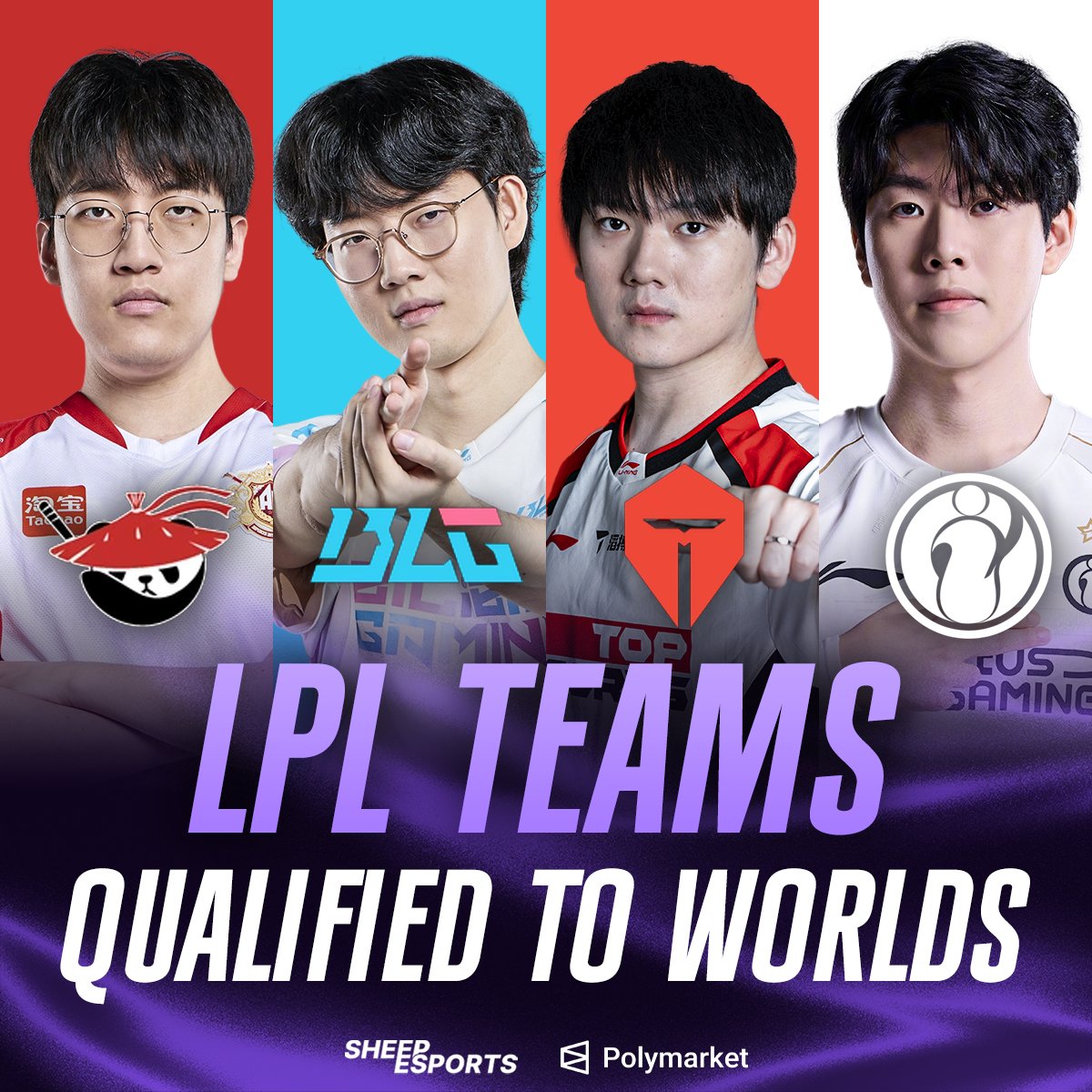 Sheep_Esports's tweet photo. ALL #LPL TEAMS QUALIFIED FOR WORLDS 2026 🏆 ARE CONFIRMED!

🇨🇳 Anyone's Legend 
🇨🇳 BiliBili Gaming 
🇨🇳 Top Esports 
🇨🇳 Invictus Gaming https://t.co/wMTc0JzZVr