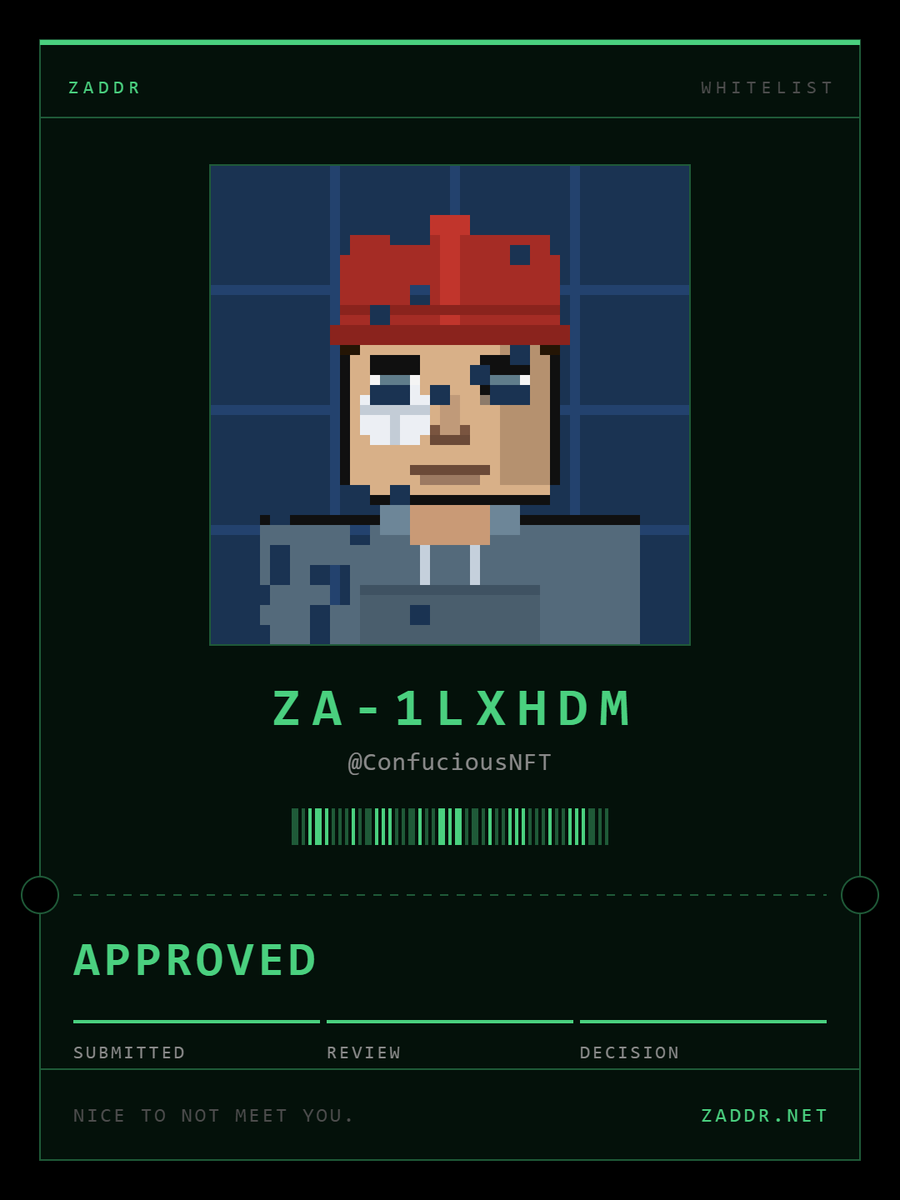 ConfuciousNFT's tweet photo. Get innnnnnnn!
Got approved for @zaddrnet, lfggg

> @BITFOOTS_, hellooo? https://t.co/rHd4R5vdbd